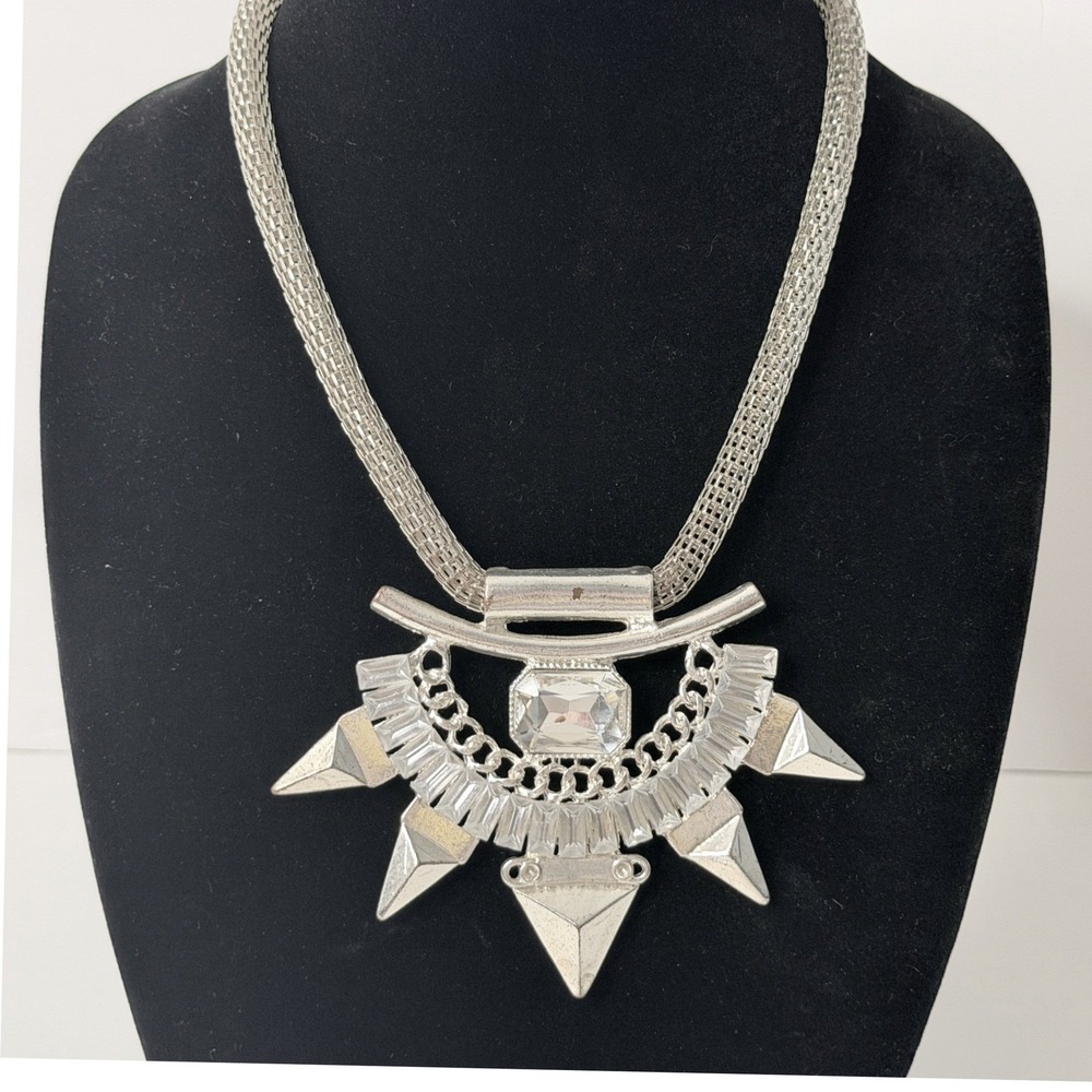 Silver Tone‎ Spiked Sunburst Bib Necklace Mesh Chain Clear Crystal Statement